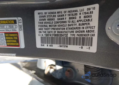 2011 Honda Civic Ex-L from USA, damaged, VIN 19XFA1F98BE004732